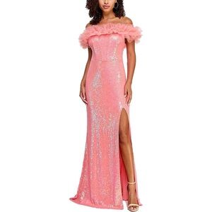 Pear Culture Junior Coral Sequin Ruffled Mesh Off-The-Shoulder Evening Gown